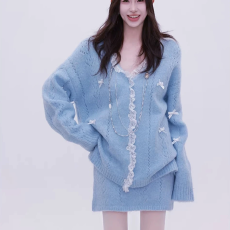 批发2026颖子定制茶会千金蝴蝶结蕾丝毛衣套装女冬针织开衫短裙两件套