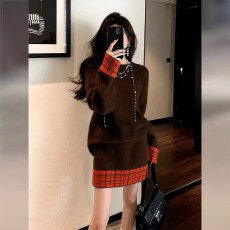 批发咖色毛衣套装女2026年新款春季休闲穿搭针织格子上衣半身裙两件套