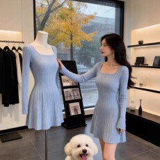 批发温柔风方领针织<b class='q'>连衣裙</b>女2026春季新款设计感收腰显瘦小个子毛衣裙