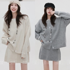 批发颖子定制【私有浪漫】小香风钉珠圆领针织开衫时尚减龄高腰短裙