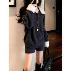 批发慵懒风毛绒毛衣套装女2026冬季新款高级感灰色针织上衣短裤两件套