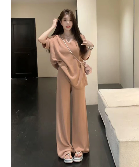 huihui 새로운 느긋한 와이드 레그 팬츠 세트 작은 대중 루즈핏 캐주얼 바람 반팔 한 부서 세트
