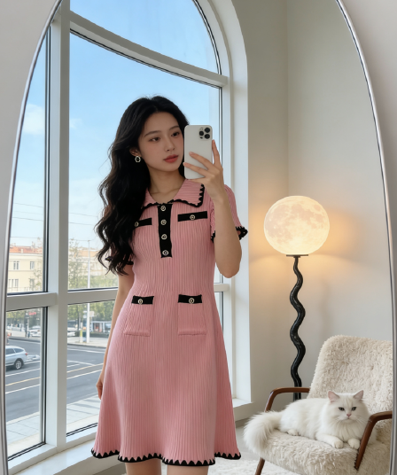 프랑스식 품격 명문 여성 작은 샤넬 스타일 빛 럭셔리 고급 디자인 센스 몸매 가꾸기 슬림해 보이는 한 마디 니트 반팔 드레스