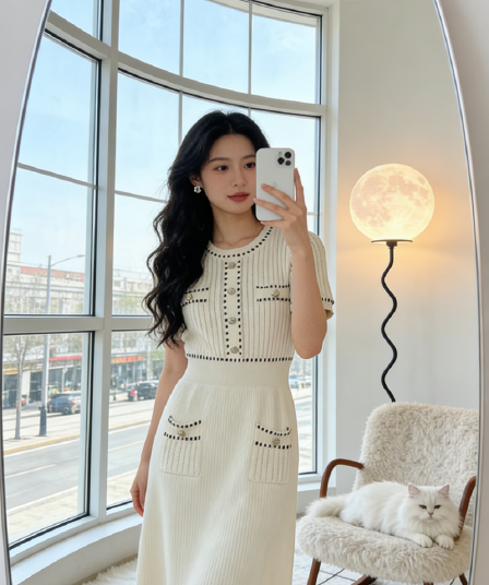 프랑스식 명문 여성 작은 샤넬 스타일 금속 버클 허리 수축 라운드 넥 반팔 니트 여성 드레스 여름 슬림해 보이는 품격 치마 여성