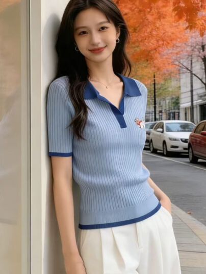 2026 여름 고유 한 슈퍼 잘 생긴 파란색 POLO 칼라 얼음 실크 니트 맨위 디자인 센스 자수 강아지 반팔 티셔츠