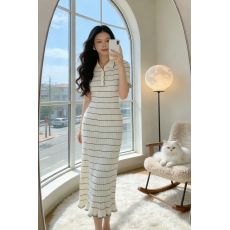 批发2026夏针织条纹撞色收腰法式气质短袖约会中长款显瘦针织<b class='q'>连衣裙</b>女