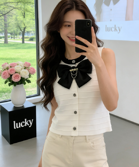 작은 샤넬 스타일 나비 매듭 니트 조끼 여자 여름 섹션 스택 착용 고급 센스 조끼 조끼 프랑스식 민소매 작은 맨위