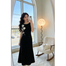 批发2026年新中式国风黑色无袖旗袍<b class='q'>连衣裙</b>立体花朵<b class='q'>修身</b>冰丝针织<b class='q'>连衣裙</b>