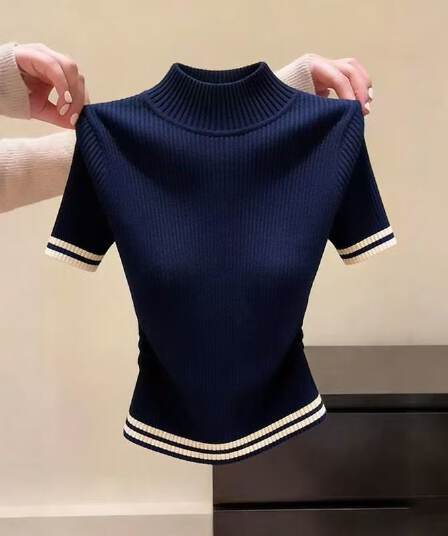 고급 유럽 상품 반하이넥 반팔 니트 기본 셔츠 여성 봄 여름 인사이드 가져 가라. 몸매 가꾸기 티셔츠 검정색 스트라이프 맨위 여성
