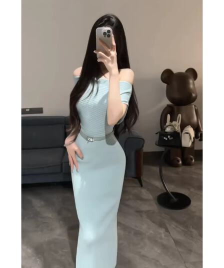 프랑스식 파란색 니트 오프숄더 여성 드레스 여름 고급 센스 로얄 자매 품격 몸매 가꾸기 타이트 스커트 길다 치마