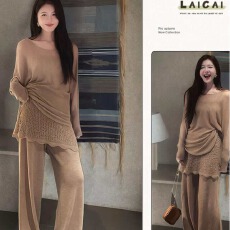 批发小香风气质穿搭一整套女秋装搭配蕾丝镂空针织衫上衣裤子两件套装