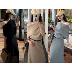 批发2026年韩系穿搭一整套装女夏季高级感斜肩短袖上衣包臀裙两件套女