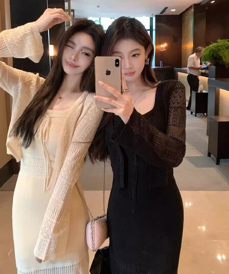 lilylikes 여름 오래된 돈 휴가 센스 상쾌 부드러운 마 센스 홀로우 아웃 조끼 스커트 오픈 가디건 투피스 세트
