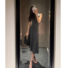 批发法式灰色不规则无袖背心<b class='q'>连衣裙</b>女装夏季高级感气质收腰修身长裙子