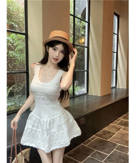 여름 프랑스식 품격 화이트 레이스 u 칼라 섹시함 홀로우 아웃 민소매 니트 조끼 여성 드레스 한 마디 작은 우산 치마