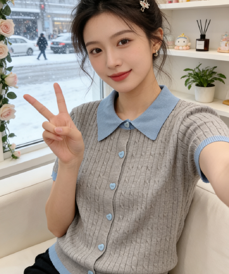 2026 레트로 POLO 칼라 배색 니트 스웨터 반팔 티셔츠 여성 여름 한 부서 몸매 가꾸기 슬림해 보이는 디자인 센스 작은 대중