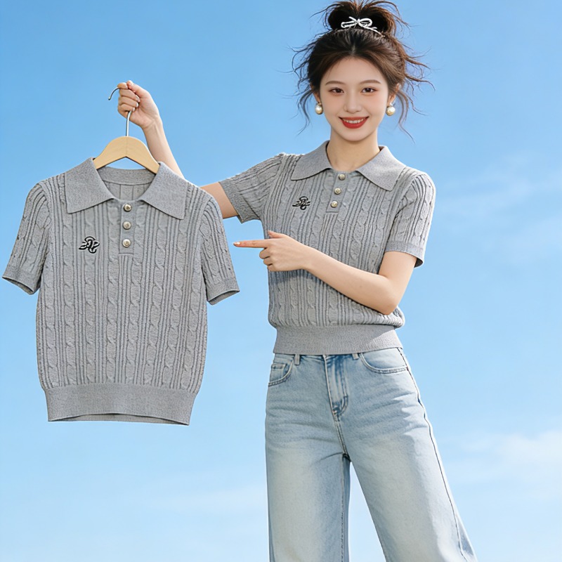 시 드니 우수 학생 학원 스타일 자수 회색 POLO 칼라 슬림해 보이는 반팔 티셔츠 얼음 실크 니트 맨위 여성