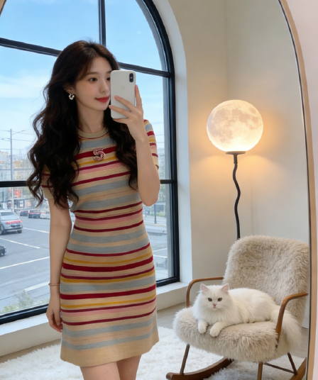 컬러 바 품격 작은 샤넬 스타일 여름 니트 드레스 슬림해 보이는 핫걸 하이웨이스트 패션 몸매 가꾸기 섹시함 캐주얼 치마