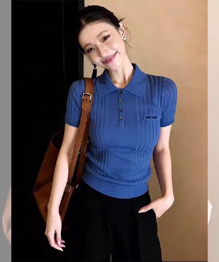 톰 글 래 원인 블루 POLO 셔츠 폴로 칼라 구덩이 기사 몸매 가꾸기 긍정적 인 어깨 반팔 니트 티셔츠 여성 여름 착용 가져 가라. 꼬집기 허리 위로 의류