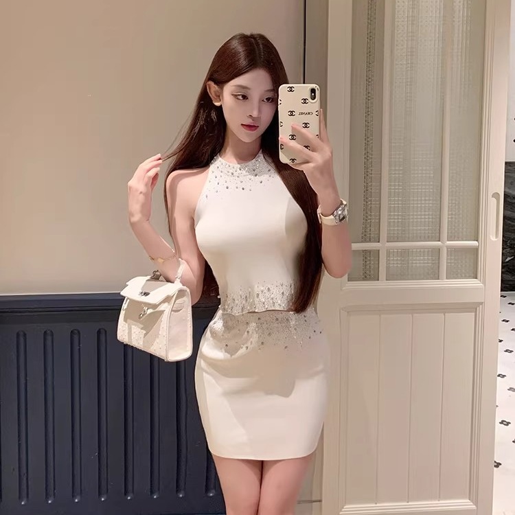 luna 루 Na 무거운 작업 비즈 박기 행침 목 조끼 니트 미니 스커트 드레스 투피스 세트