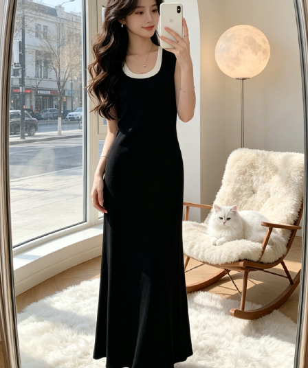 2026 년 여름 품격 캐주얼 페이크 레이어드 한 마디 여성 드레스 검정색 u 칼라 패치워크 타이트 스커트 조끼 길다 치마