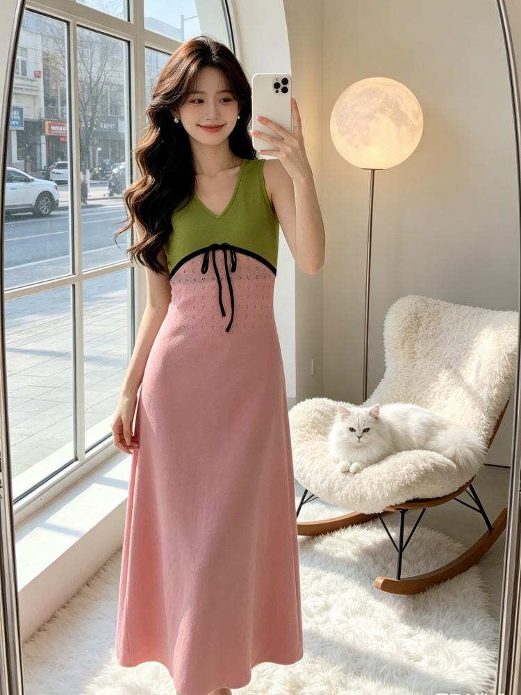 도파민 배색 패치워크 V넥 조끼 원피스 여름 새로운 몸매 가꾸기 슬림해 보이는 아름다운 휴가 타이트 스커트 롱 스커트