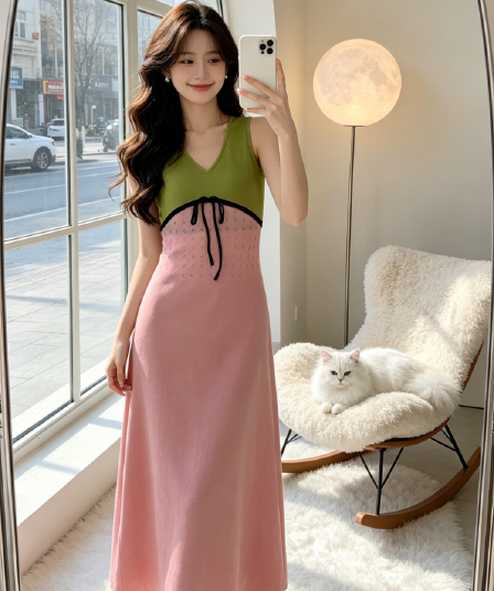 도파민 배색 패치워크 V넥 조끼 원피스 여름 새로운 몸매 가꾸기 슬림해 보이는 아름다운 휴가 타이트 스커트 롱 스커트