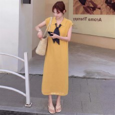 批发2026年夏季新款简约风黄色翻领连衣裙女装宽松显瘦百搭气质裙<b class='q'>通勤</b>