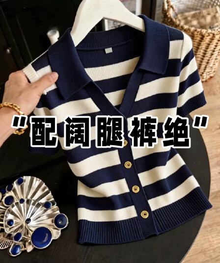 POLO 칼라 스트라이프 유럽 역 반팔 티셔츠 여성 여름 얇은 스타일 얼음 실크 니트 몸매 가꾸기 슬림해 보이는 긍정적 인 어깨 의류