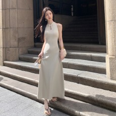 批发2026新中式国风盘扣连衣裙女<b class='q'>夏</b>季无袖背心裙修身a字针织长裙