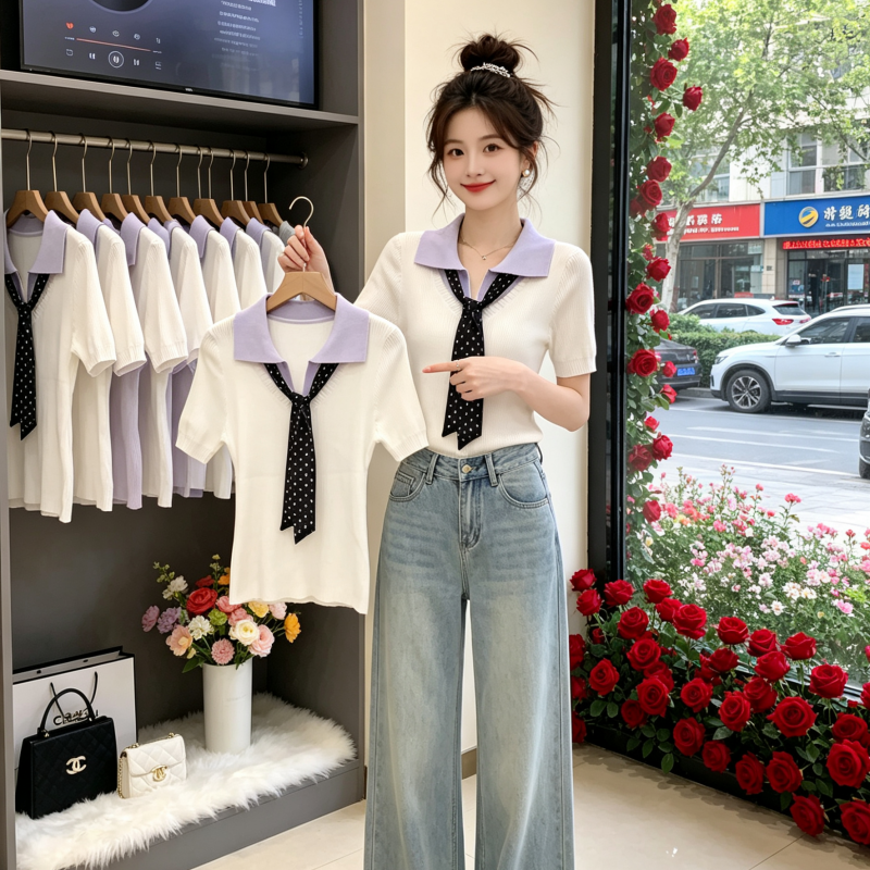 2026 한 부서 화이트 폴로 칼라 POLO 셔츠 니트 얼음 실크 반팔 여성 여름 작은 키 긍정적 인 어깨 몸매 가꾸기 쇼트 스타일 맨위
