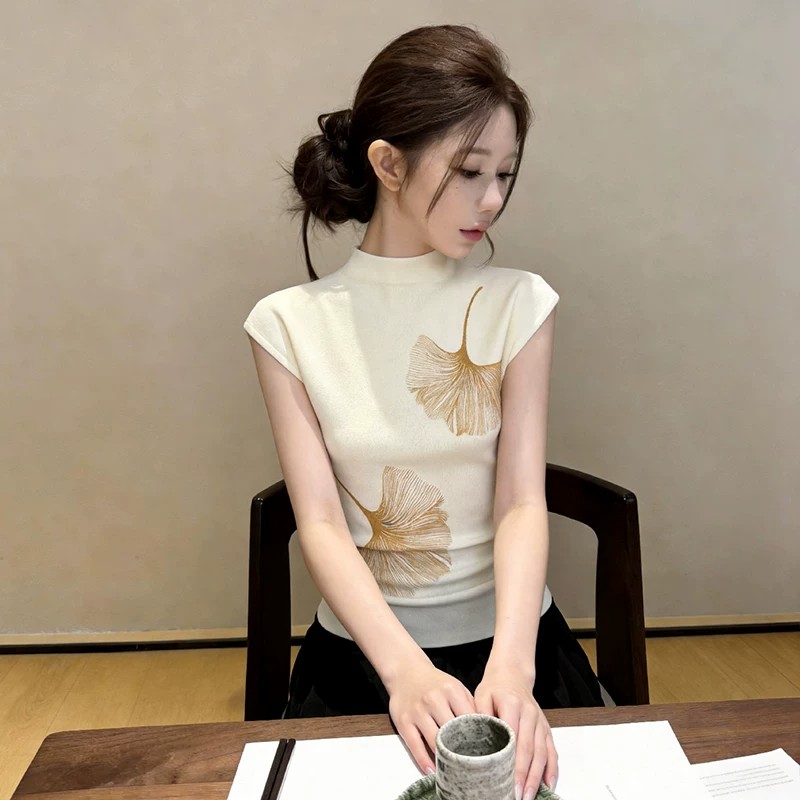 세련된 디자인 센스 반하이넥 반팔 니트 스웨터 여성 여름 인사이드 가져 가라. 프린트 다용도 동정 고유 한 Chic 맨위