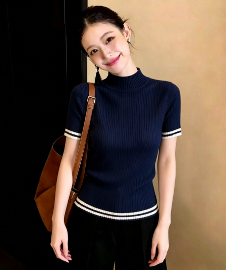 고급 유럽 상품 반하이넥 반팔 니트 기본 셔츠 여성 봄 여름 인사이드 가져 가라. 몸매 가꾸기 티셔츠 검정색 스트라이프 맨위 여성