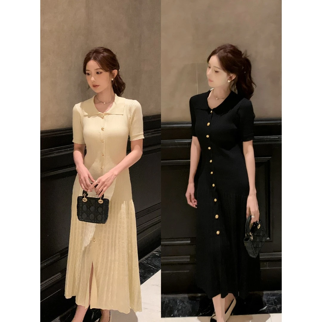 생방송 폭발 오후 그림 POLO 칼라 긍정적 인 어깨 허리 수축 슬림해 보이는 얼음 실크 드레스