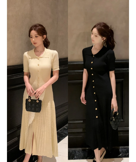 생방송 폭발 오후 그림 POLO 칼라 긍정적 인 어깨 허리 수축 슬림해 보이는 얼음 실크 드레스