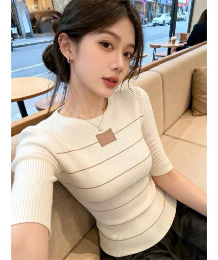 한 부서 패션 착용 가져 가라. 미니멀리즘 스트라이프 5 점 소매 티셔츠 여성 여름 새로운 고급 센스 몸매 가꾸기 슬림해 보이는 맨위