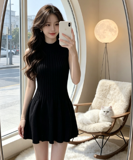2026 년 그는 벤 바람 단색 허리 수축 라운드 넥 민소매 여성 드레스 여름 품격 미니멀리즘 슬림해 보이는 작은 검은 드레스