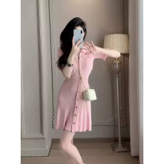 批发2026夏季少女粉<b class='q'>甜美</b>衬衫领木耳边袖收腰伞裙鱼尾针织显瘦连衣裙