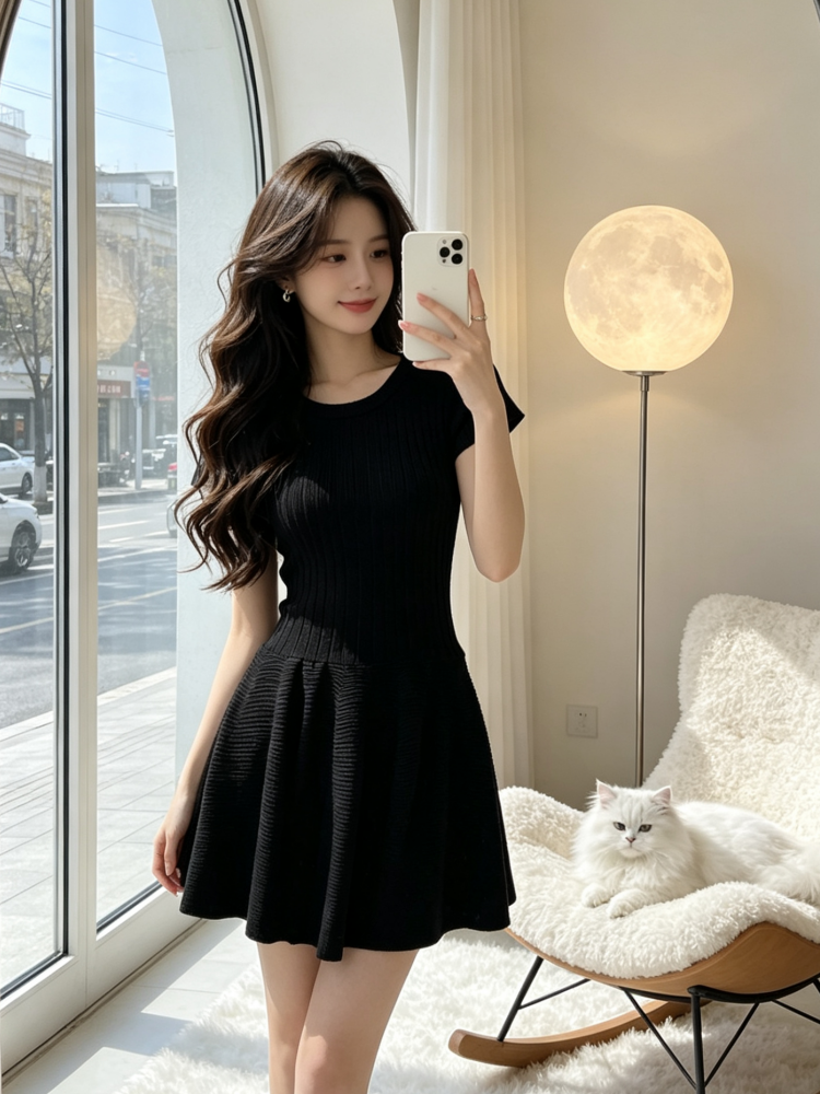 그는 벤 바람 니트 반팔 여성 드레스 2026 여름 새로운 허리 수축 슬림해 보이는 품격 퍼프 미니 스커트 작은 검은 드레스