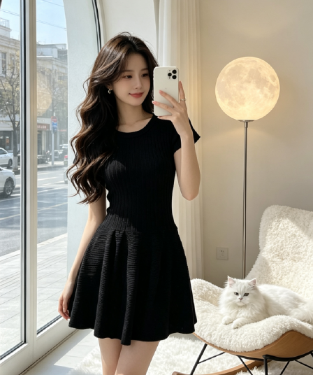 그는 벤 바람 니트 반팔 여성 드레스 2026 여름 새로운 허리 수축 슬림해 보이는 품격 퍼프 미니 스커트 작은 검은 드레스