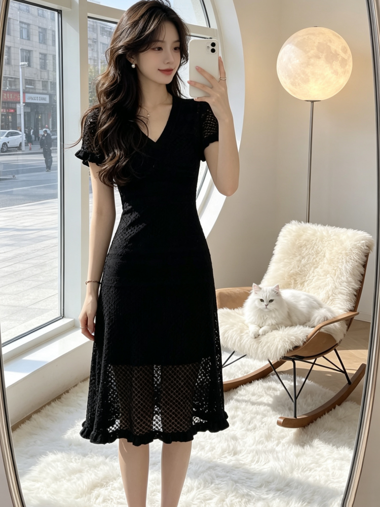 생방송 폭발 2026 년 여름 그는 벤 고급 센스 라이 경기 서울 홀로우 아웃 V넥 니트 몸매 가꾸기 슬림해 보이는 드레스