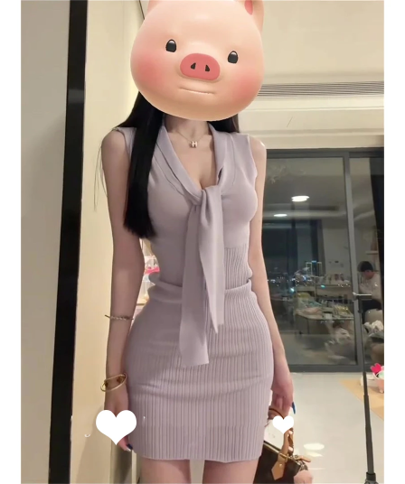 한 부서 보라색 레이스업 V넥 조끼 여성 드레스 여름 부드러운 순수한 욕망 바람 니트 민소매 타이트 스커트 짧은 치마