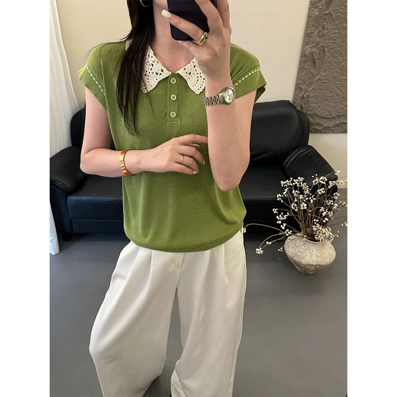 베이비 칼라 Feifei 소매 짠 셔츠 여성 얇은 스타일 여름 새로운 패션 외국 가스 루즈핏 품격 캐주얼 연령 감소 맨위