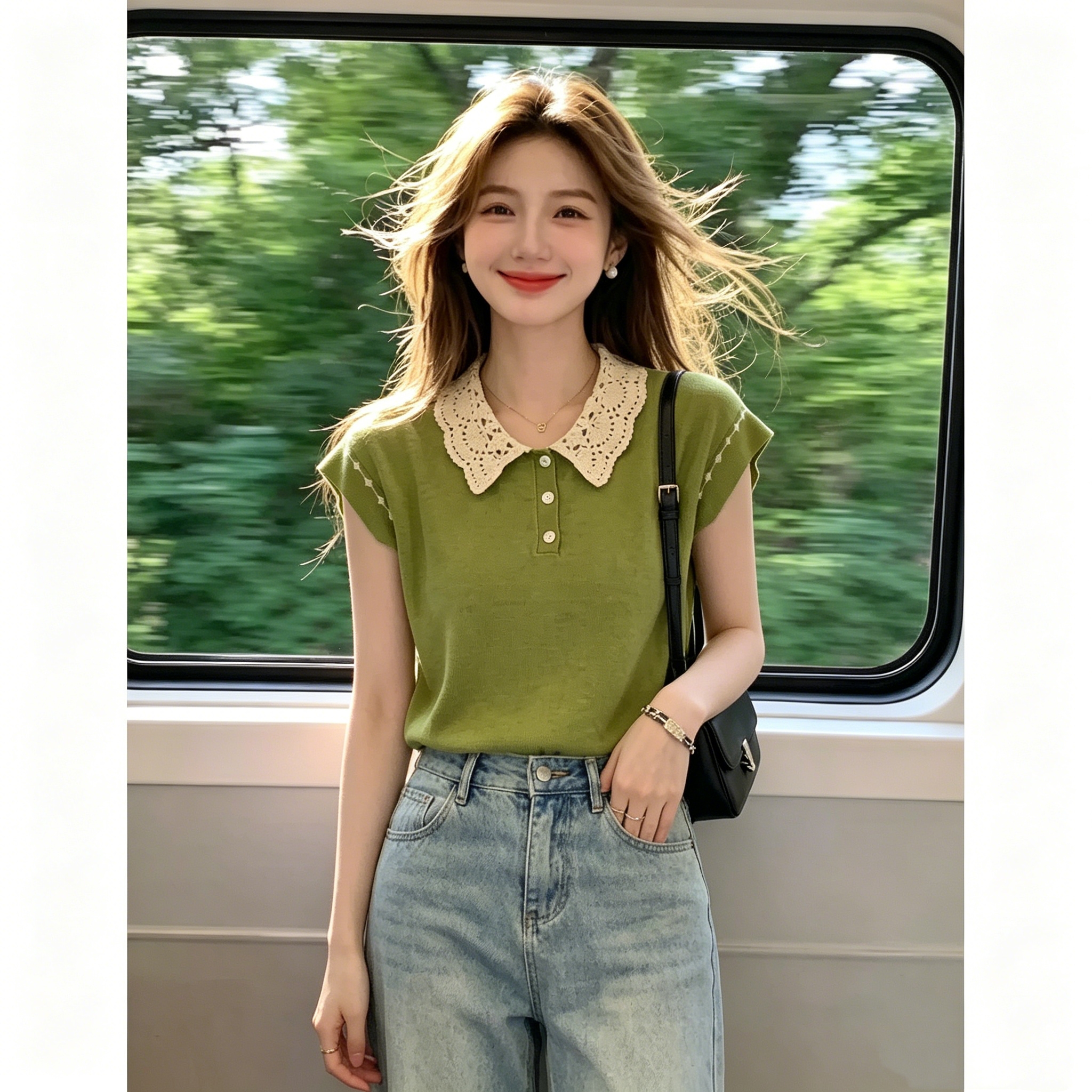 베이비 칼라 Feifei 소매 짠 셔츠 여성 얇은 스타일 여름 새로운 패션 외국 가스 루즈핏 품격 캐주얼 연령 감소 맨위