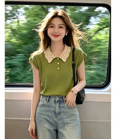 베이비 칼라 Feifei 소매 짠 셔츠 여성 얇은 스타일 여름 새로운 패션 외국 가스 루즈핏 품격 캐주얼 연령 감소 맨위