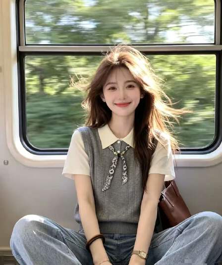 한 부서 우아함 바람 배색 페이크 레이어드 니트 스웨터 반팔 여성 2026 여름 새로운 스카프 레이스업 캐주얼 맨위