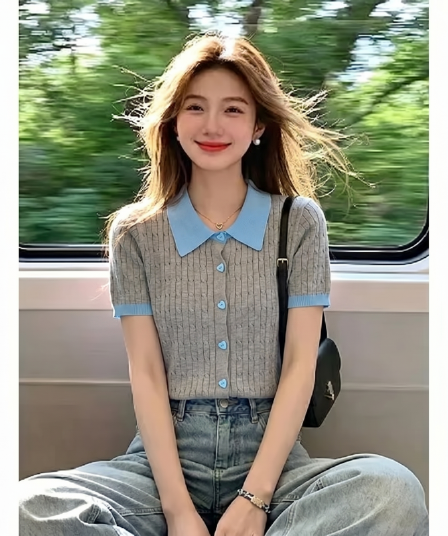 2026 레트로 POLO 칼라 배색 니트 스웨터 반팔 티셔츠 여성 여름 한 부서 몸매 가꾸기 슬림해 보이는 디자인 센스 작은 대중