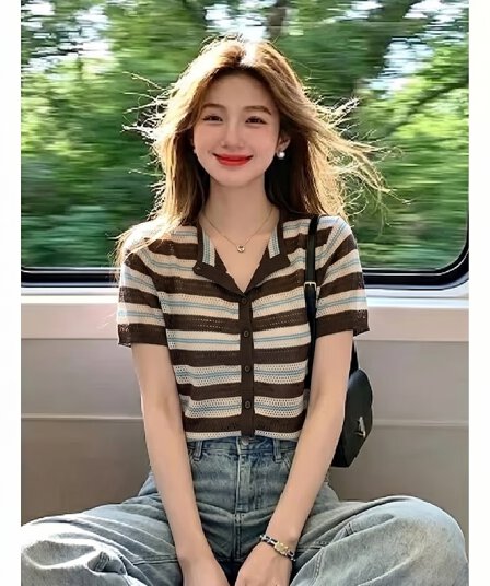 남쪽 기름 프랑스식 품격 스트라이프 반팔 니트 얼음 실크 셔츠 새로운 패션 슬림해 보이는 다용도 라운드 넥 오픈 가디건 맨위