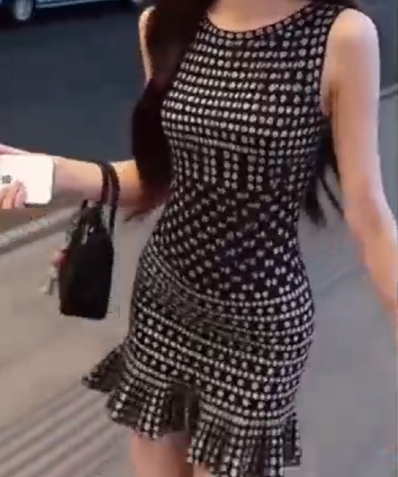 블랙 퍼스 깨진 란 프랑스식 레트로 타이트 스커트 품격 인어 꼬리 치마 도트 무늬 고급 센스 명문 여성 니트 자카드 드레스