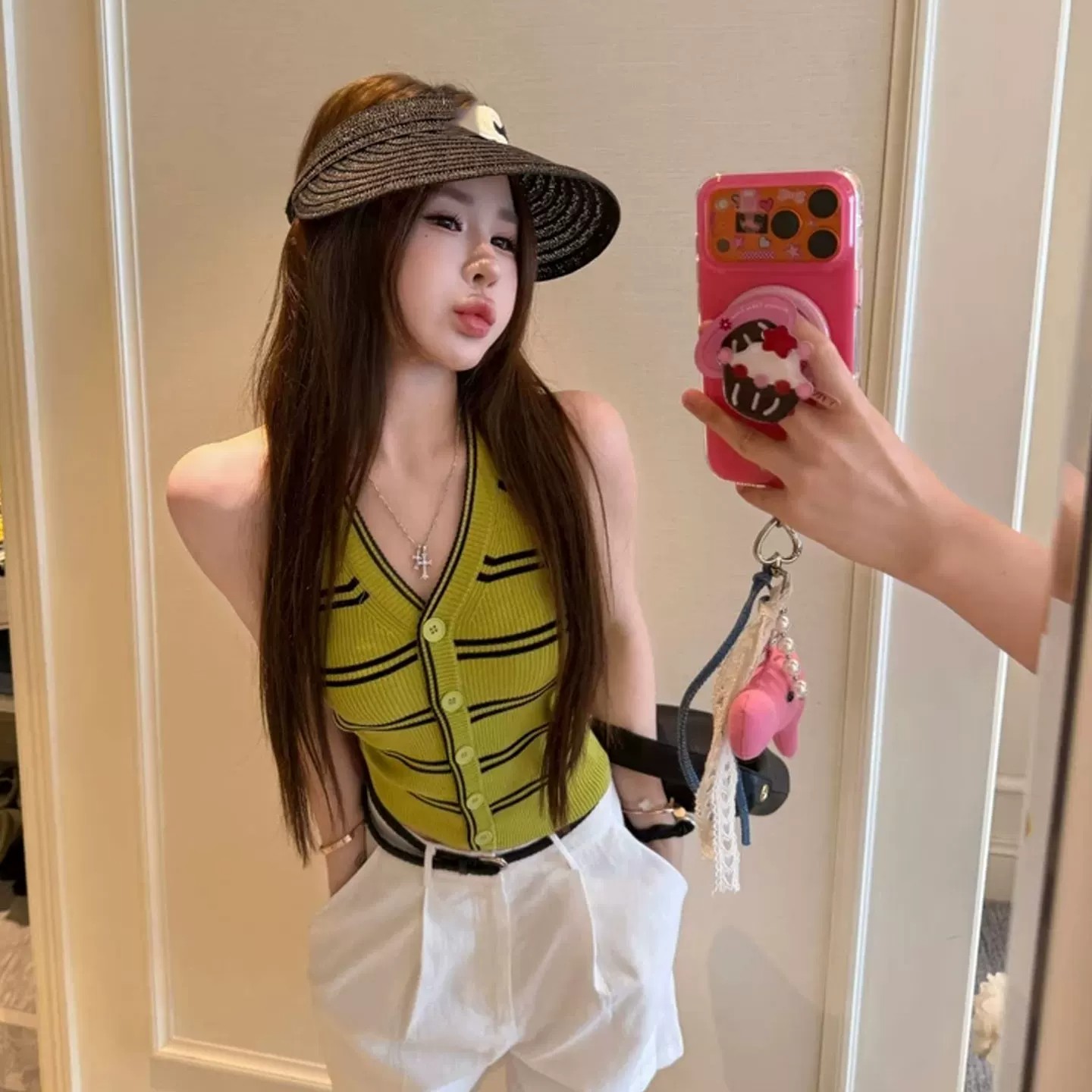생방송 폭발 느슨함 미학 블랙 흰색 스트립 얼음 실크 조끼 녹색 블랙 기사 얼음 실크 조끼